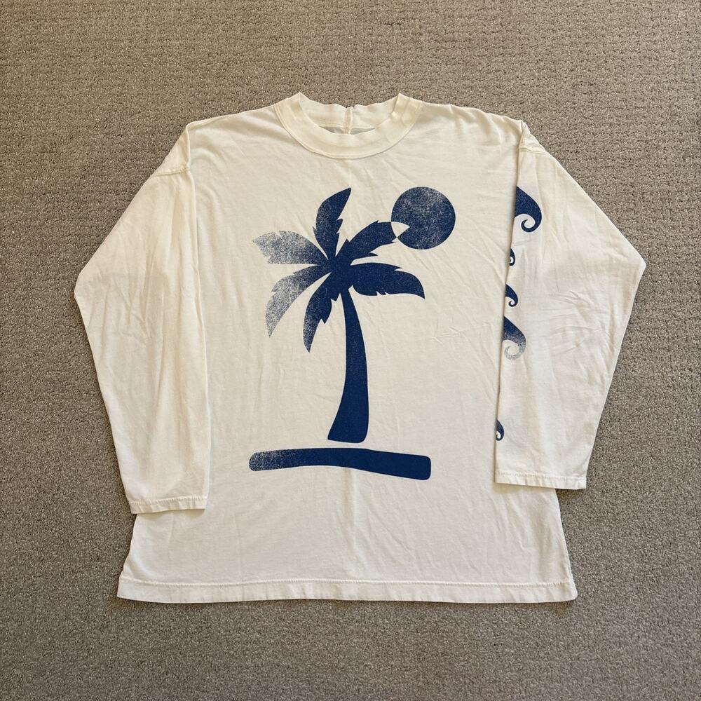 Free People Midnight Rider Long Sleeve White Blue Palm Tree Tee Sz XS Oversized
